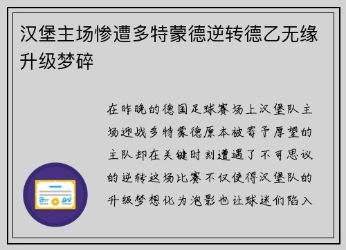 汉堡主场惨遭多特蒙德逆转德乙无缘升级梦碎